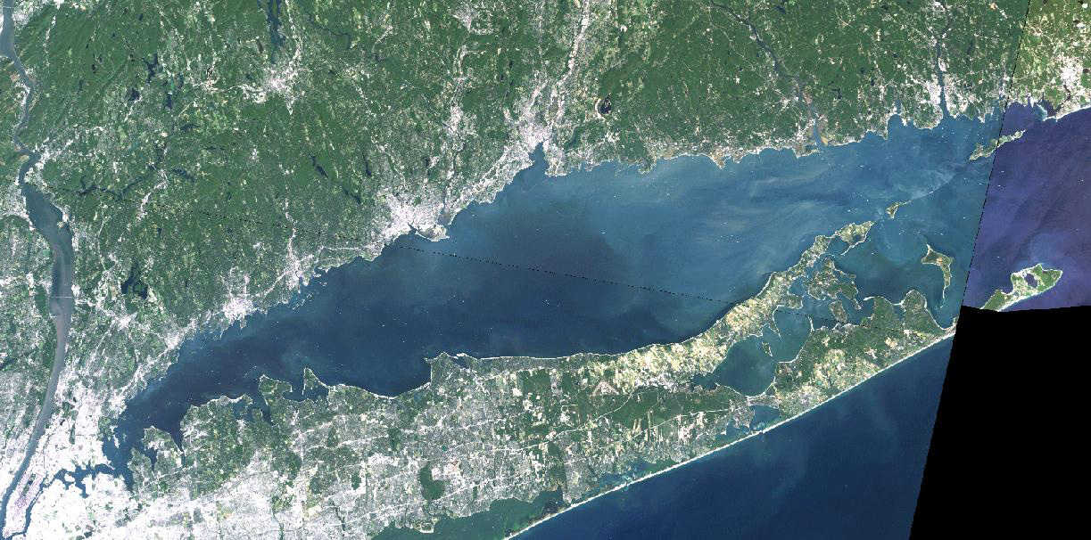 Long Island Sound aerial view- blue water, green coast